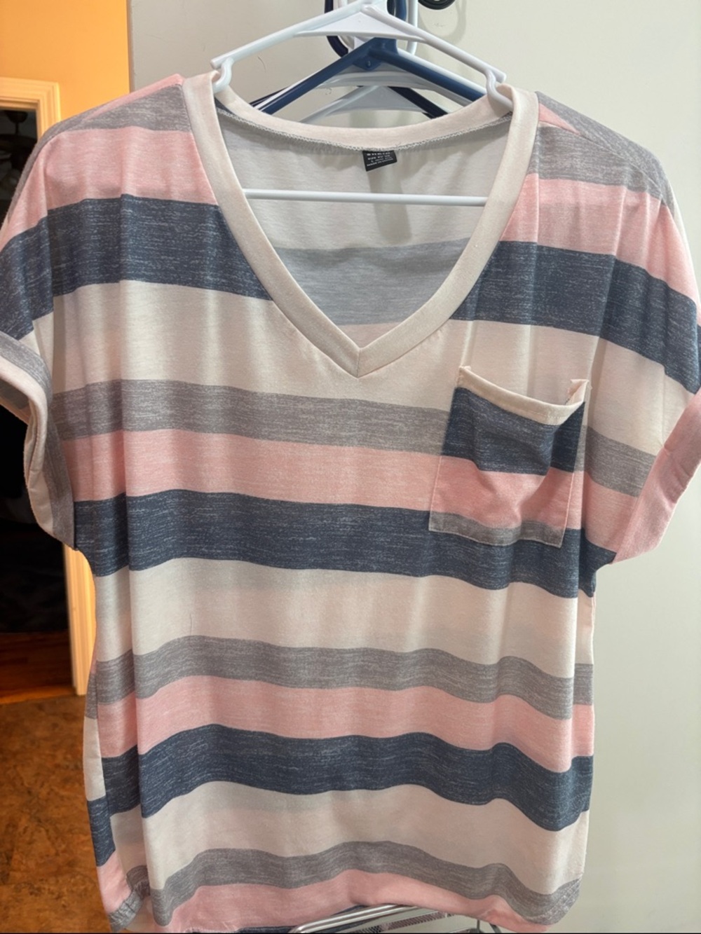 SHEIN Soft Pink Striped V-Neck Tee